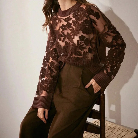 Coffee Brown Casual Women's Floral Pattern Knit Round Neck Drop Shoulder Sweater - Picture 1 of 6